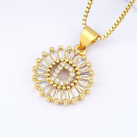 Yellow Gold Plated Women's Letter Detail Cubic Zirconia Round Charm Necklace - Picture 5 of 7